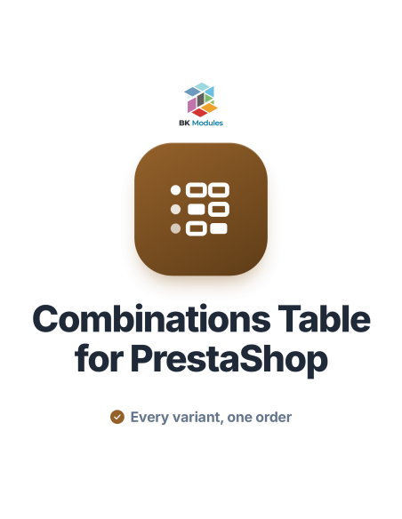 Combinations Table for PrestaShop: size and colour matrix with quantities and the order total