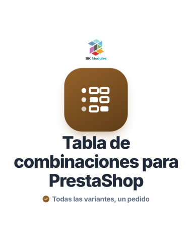 Tabla de combinaciones para PrestaShop: matriz de talla y color con cantidades y el total del pedido