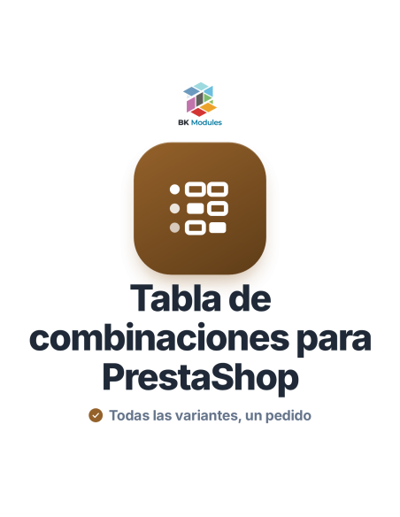Tabla de combinaciones para PrestaShop: matriz de talla y color con cantidades y el total del pedido