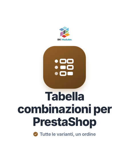 Tabella delle combinazioni per PrestaShop: matrice taglia e colore con quantità e totale dell’ordine