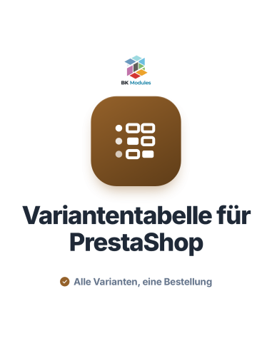 Variantentabelle für PrestaShop: Matrix nach Größe und Farbe mit Mengen und Bestellsumme