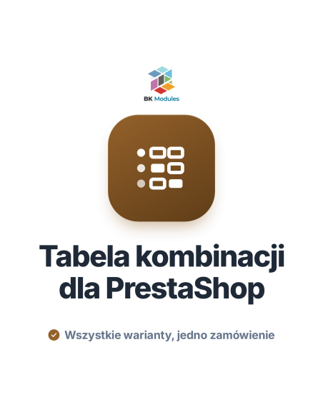 Tabela kombinacji dla PrestaShop: macierz rozmiarów i kolorów z ilościami i sumą zamówienia