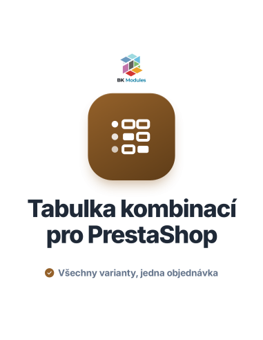 Tabulka kombinací pro PrestaShop: matice velikostí a barev s množstvím a součtem objednávky