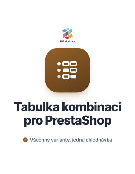 Tabulka kombinací pro PrestaShop: matice velikostí a barev s množstvím a součtem objednávky