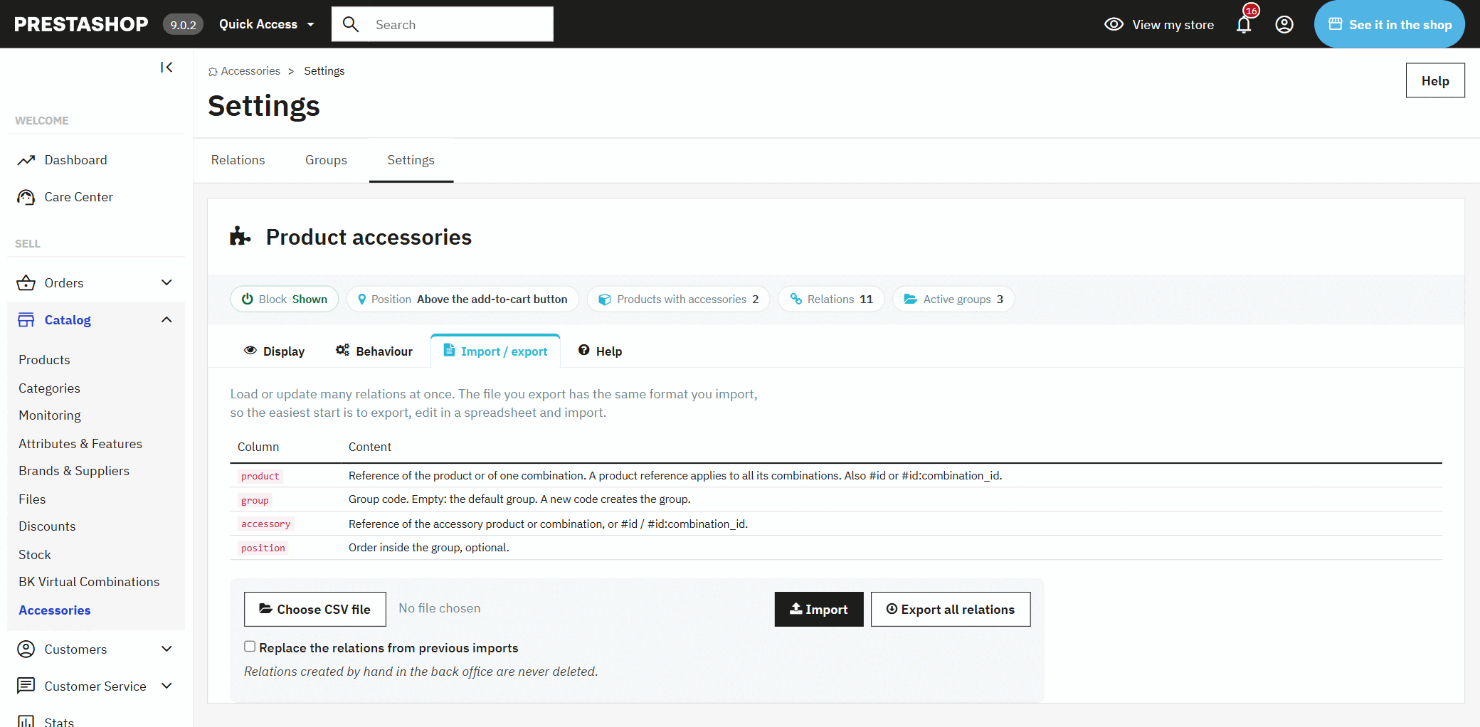 Import and export PrestaShop accessories by CSV with your catalogue references