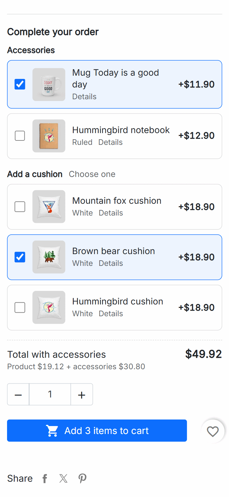 PrestaShop accessories on mobile: groups, checkboxes, price and total with accessories above the buy button