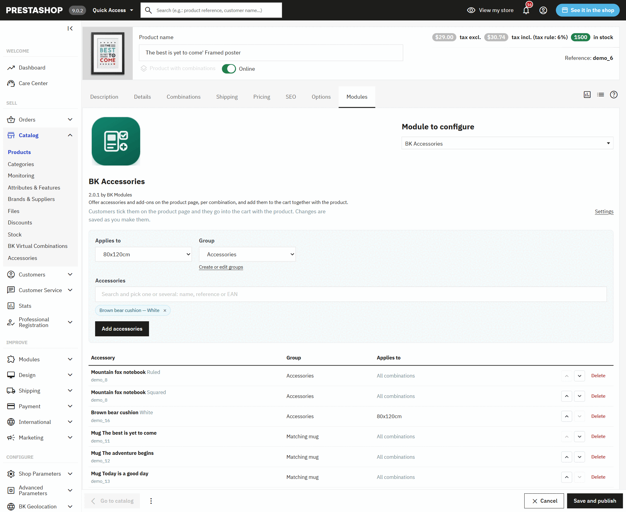 Accessories tab on the PrestaShop back office product page with search box and list of accessories