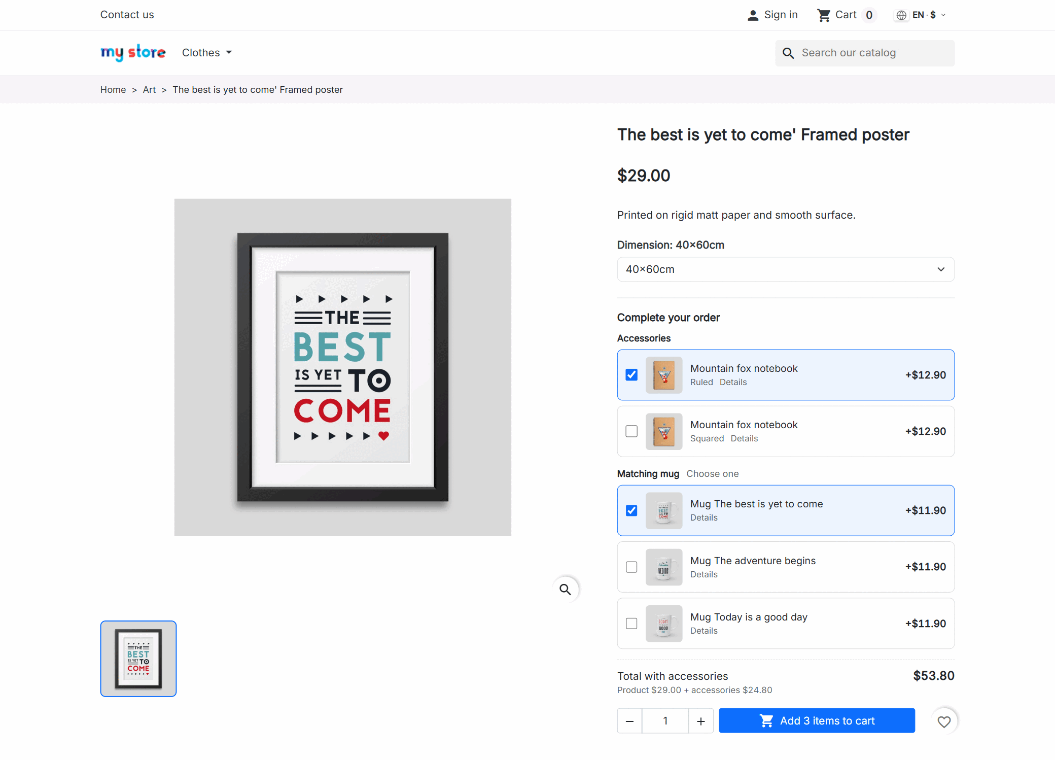 Accessories for PrestaShop on the product page: checkboxes with photo and price above the buy button and the total with accessories