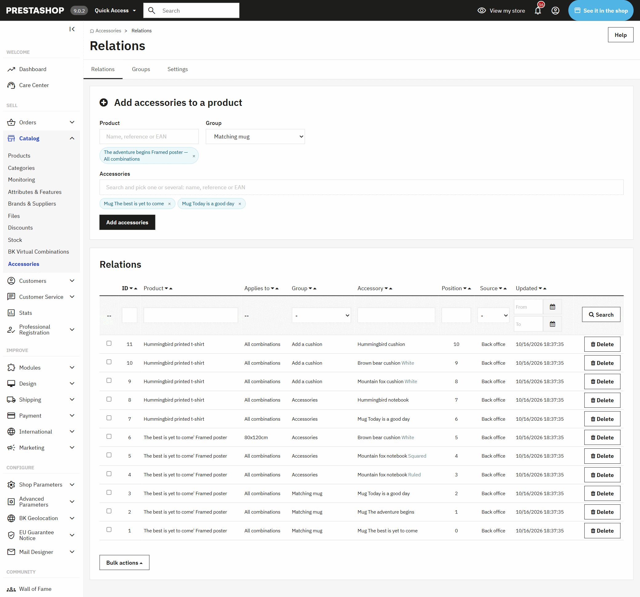 List of PrestaShop accessory relations with a product and combination search box