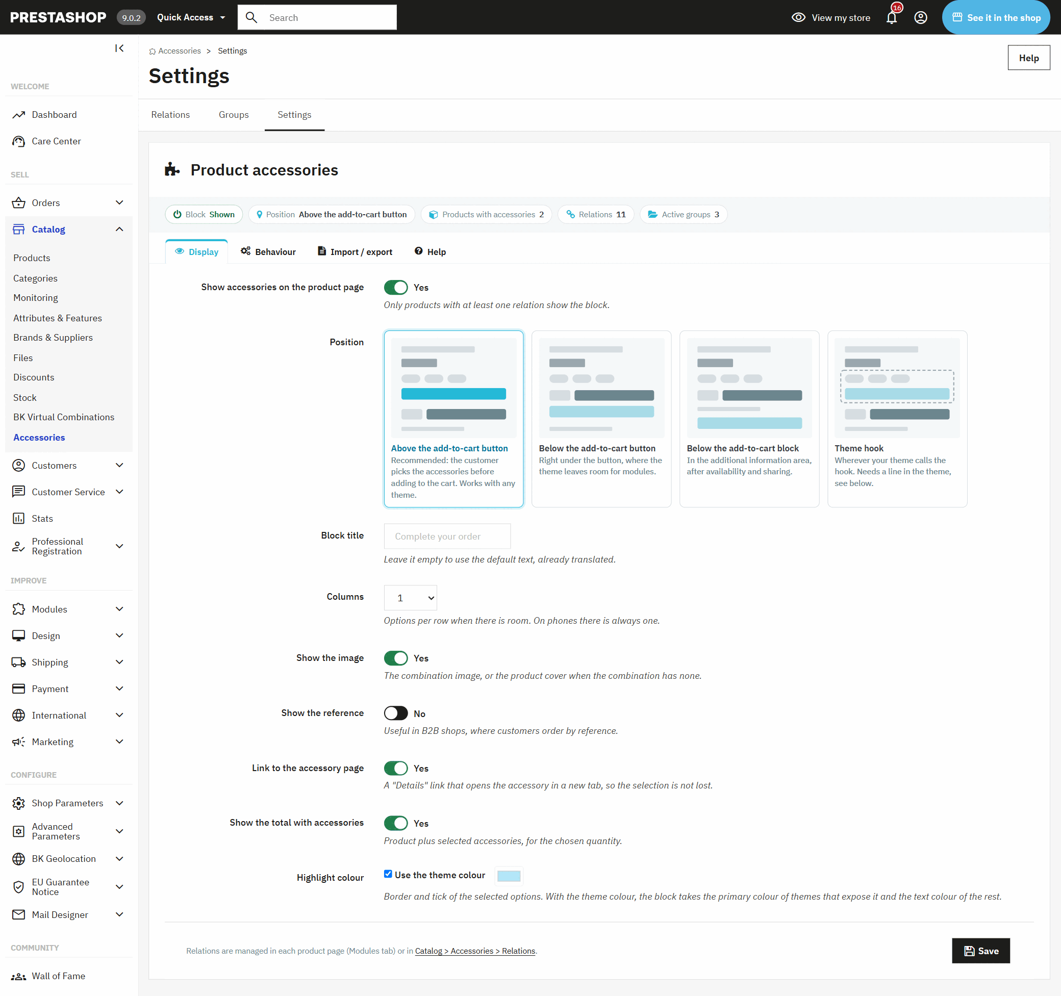 Settings of the PrestaShop accessories module: block position on the product page, title, columns and colour