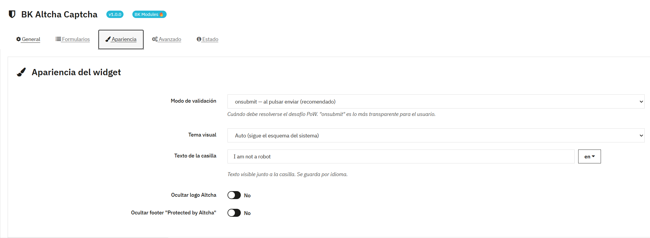 BK Altcha Anti-Spam module configuration panel for PrestaShop