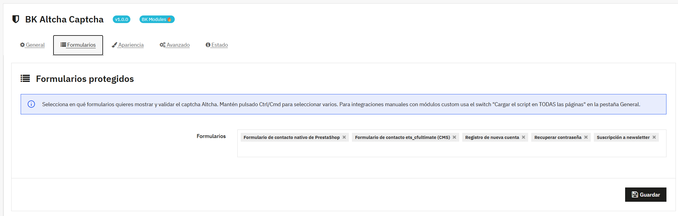ALTCHA protected forms selection in PrestaShop