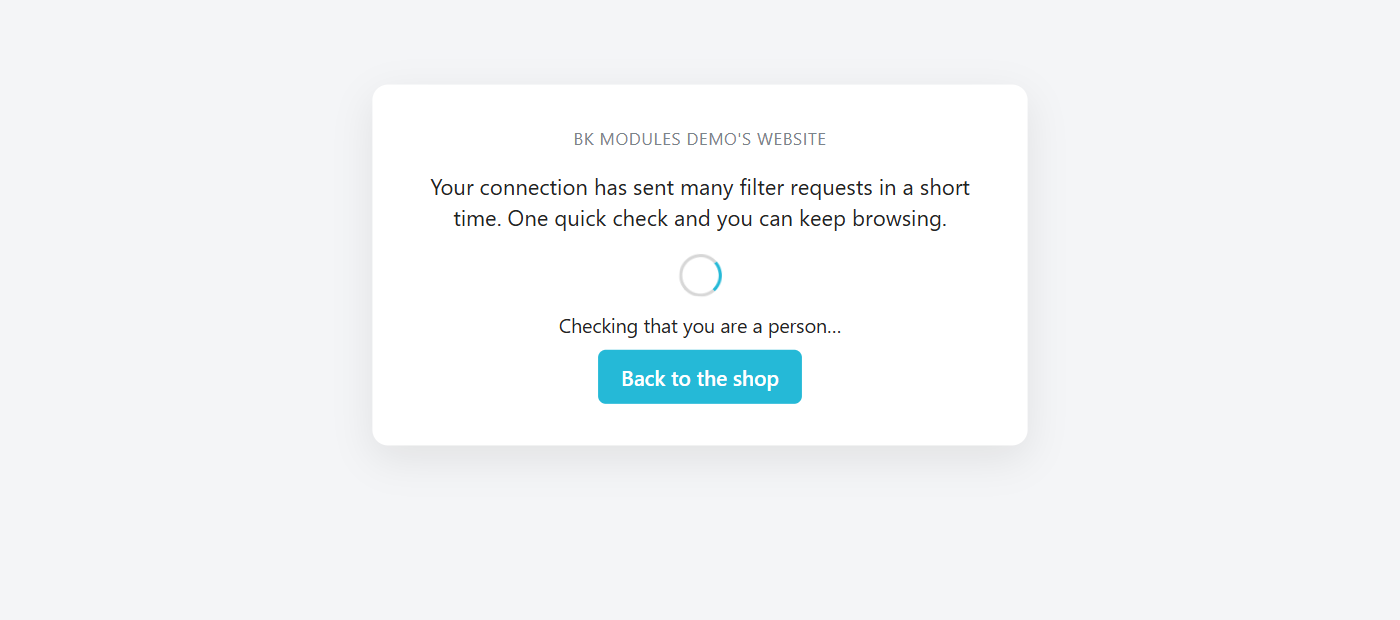 Check screen of the PrestaShop anti-bot module, which solves itself and returns to the listing