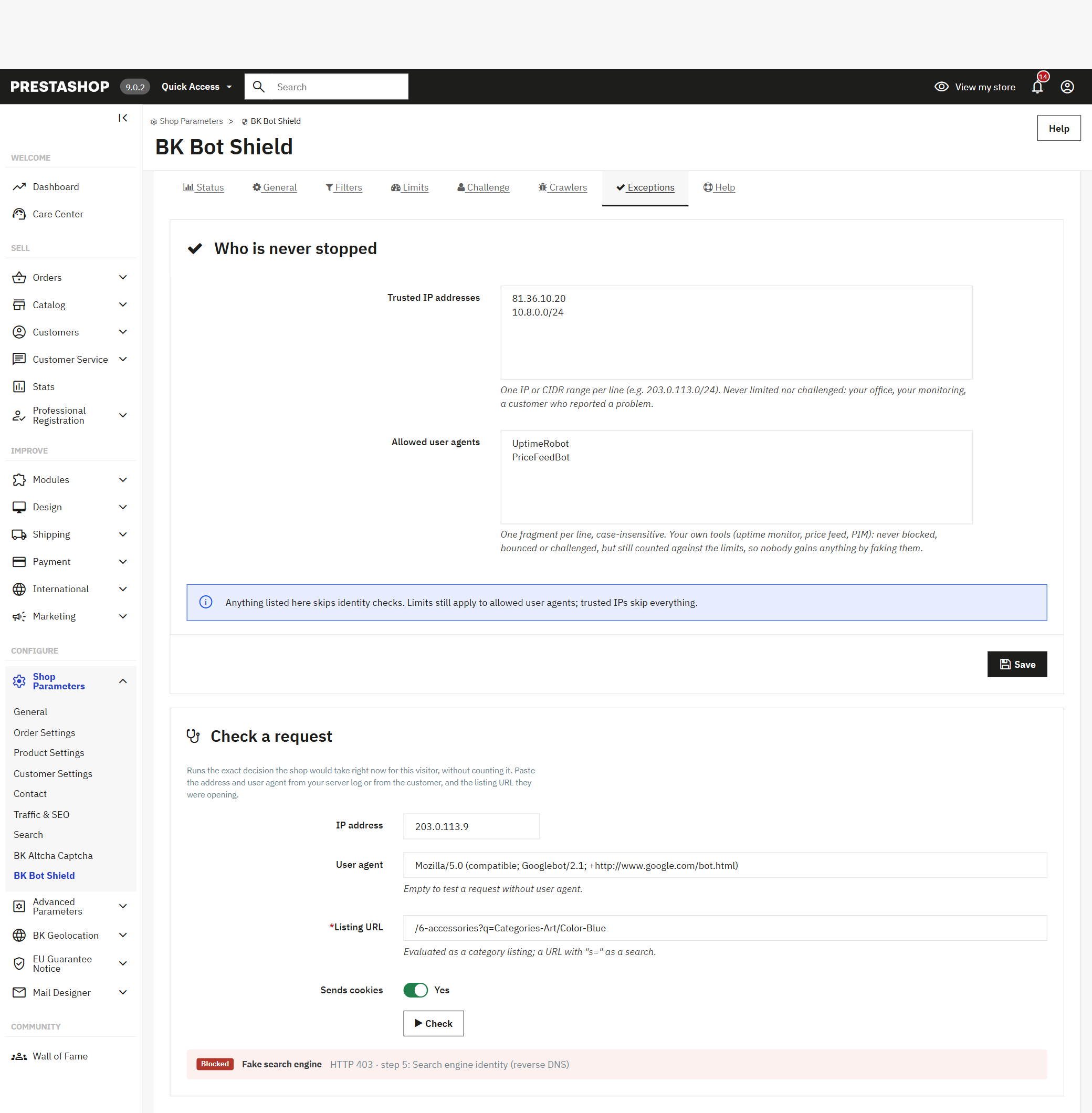 Request checker of the PrestaShop anti-bot module evaluating a fake Googlebot