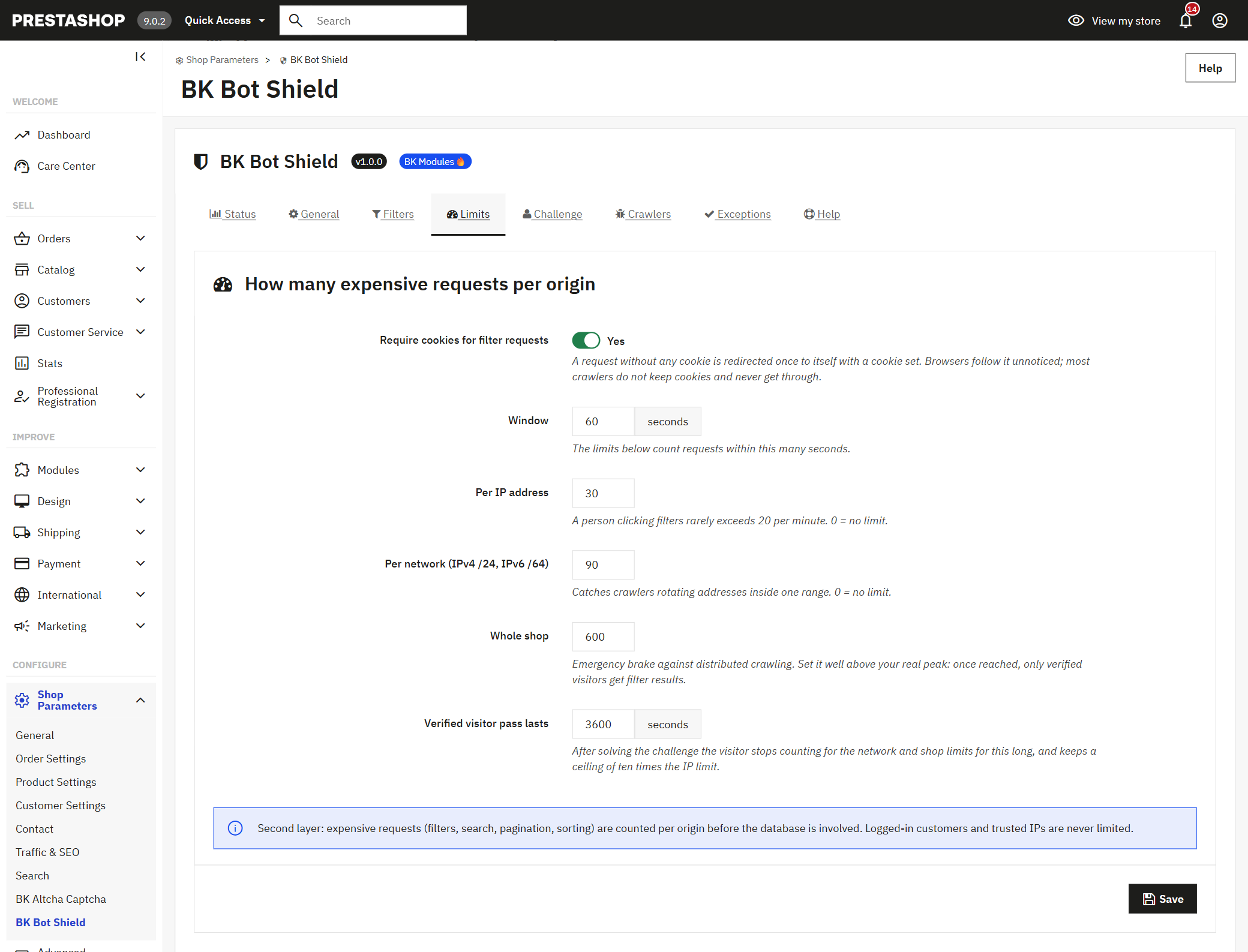 Limits tab per IP, per network and per shop of the PrestaShop anti-bot module