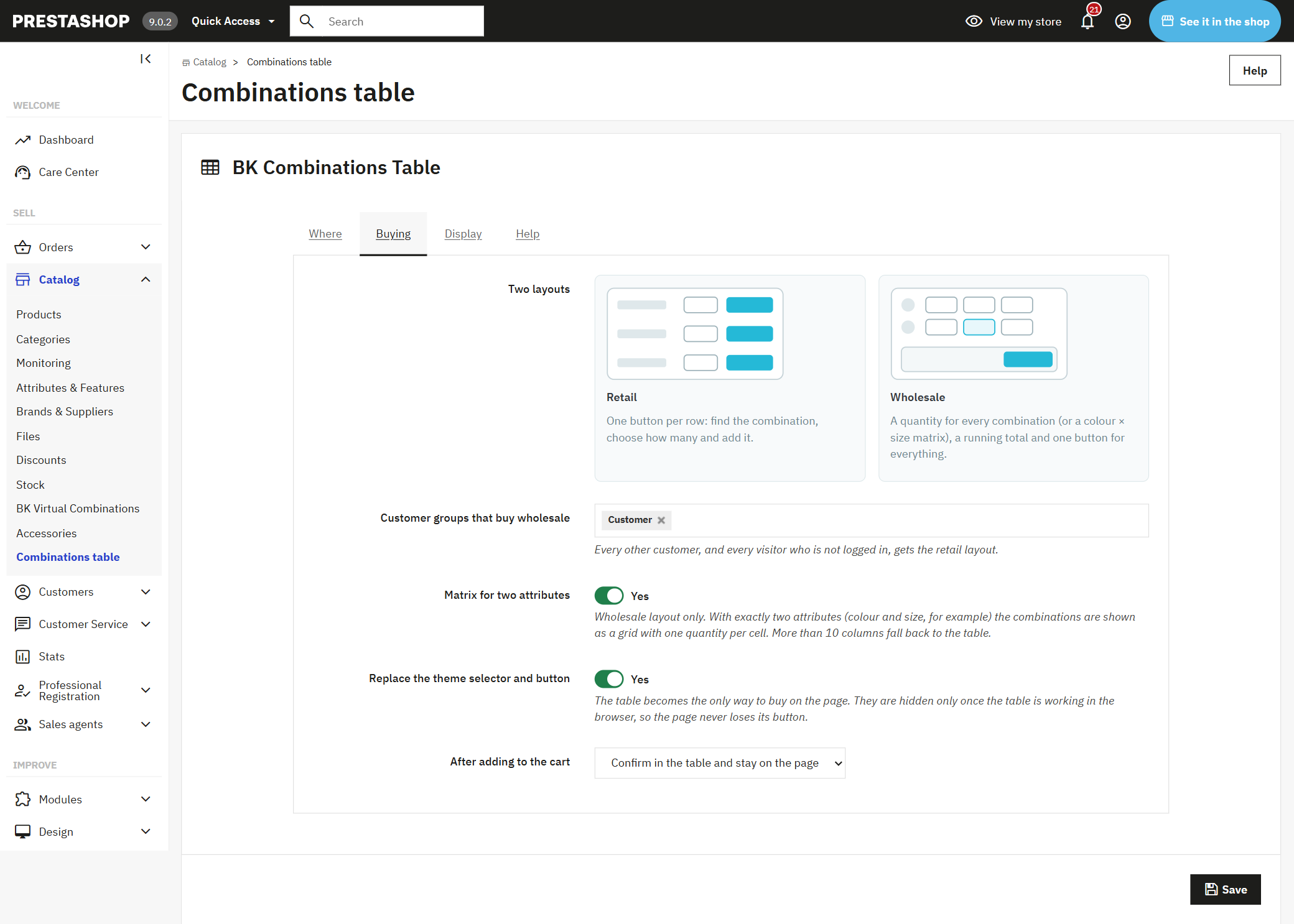 Combinations table settings in the PrestaShop back office: customer groups that buy wholesale, matrix and replacing the theme selector