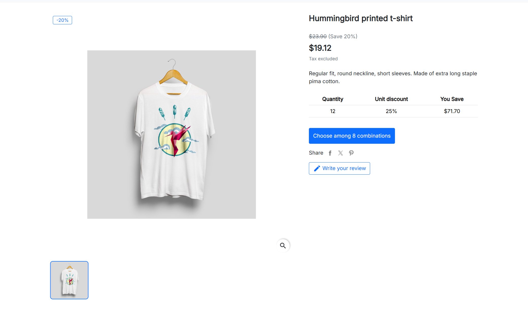 PrestaShop product page with the Choose among 8 combinations button in place of the theme selector