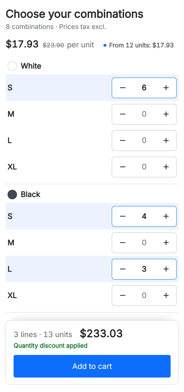 PrestaShop combinations table on mobile: the sizes of each colour with quantity buttons