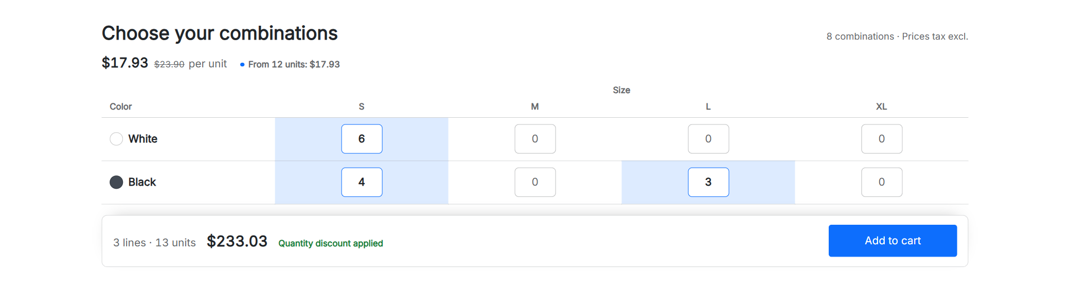 Combinations table on a PrestaShop product page: colour and size matrix with the quantity of each combination, the total and the quantity discount