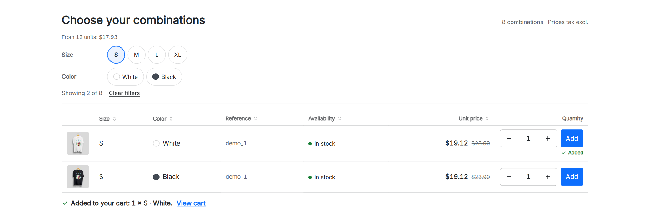 PrestaShop combinations table with size and colour filters, stock, price and an Add button on every row