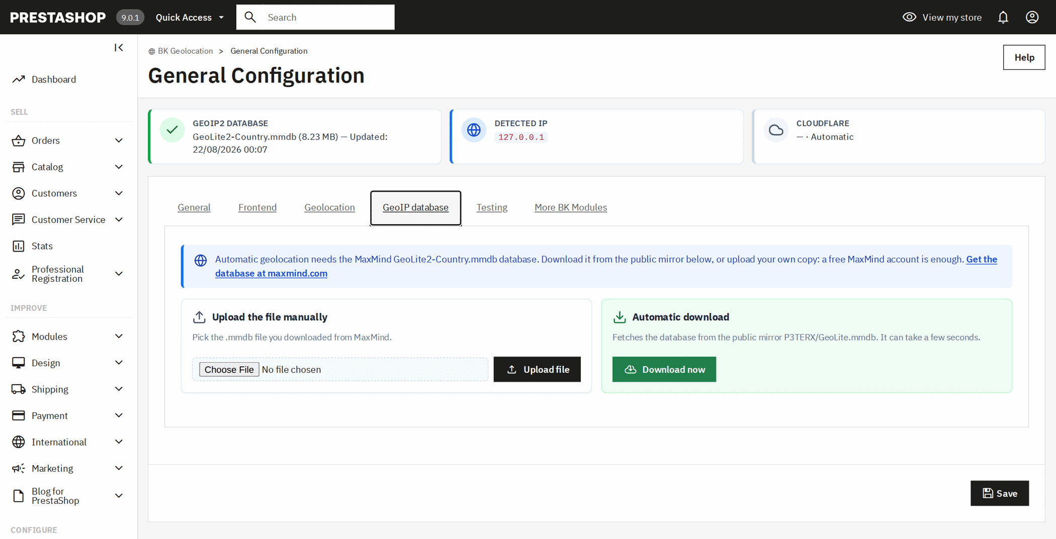 GeoIP-Datenbankbildschirm in PrestaShop: automatischer GeoLite2-Download oder manueller Upload der mmdb-Datei