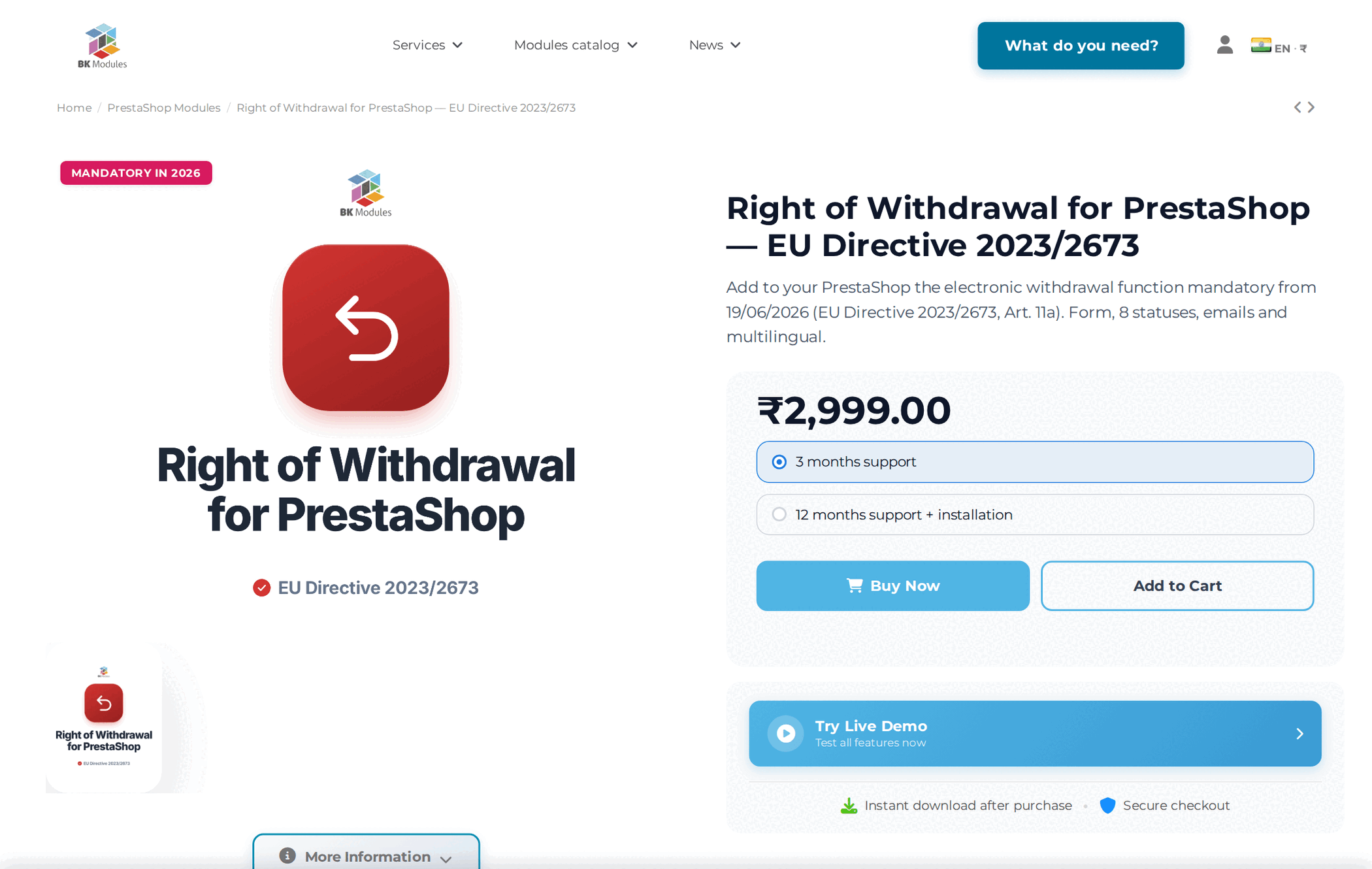 PrestaShop-Produktseite mit Preis in Rupien für einen Besucher aus Indien und der Länderauswahl in der Kopfzeile