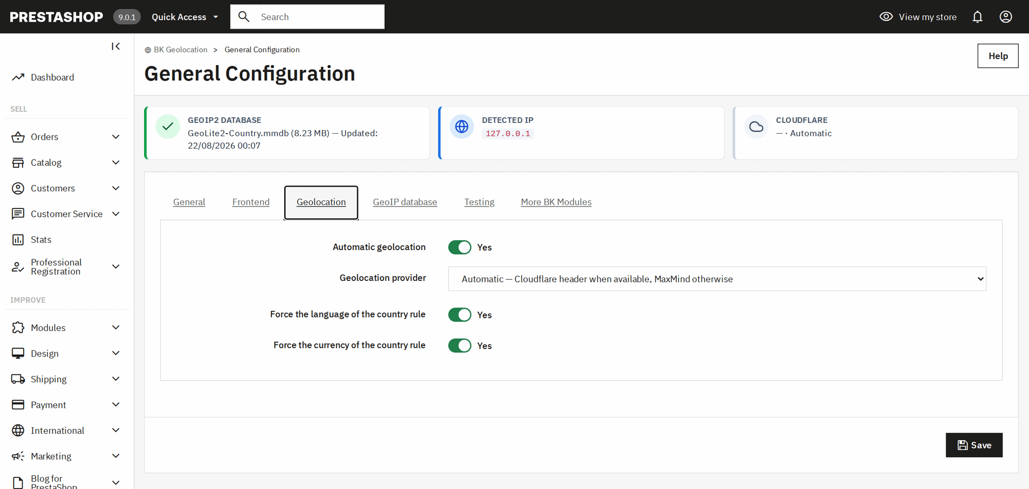 Auswahl des Geolokalisierungsanbieters in PrestaShop: Cloudflare, MaxMind oder automatisch