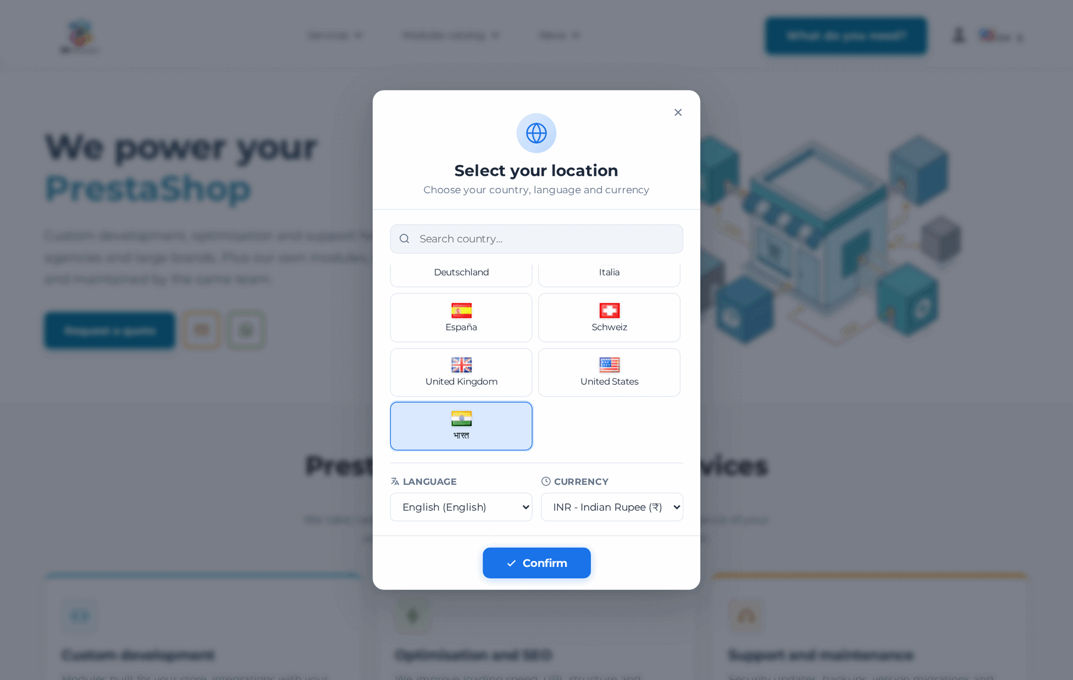 PrestaShop-Auswahl für Land, Sprache und Währung mit Ländernamen in der Landessprache und Indien mit Rupien ausgewählt
