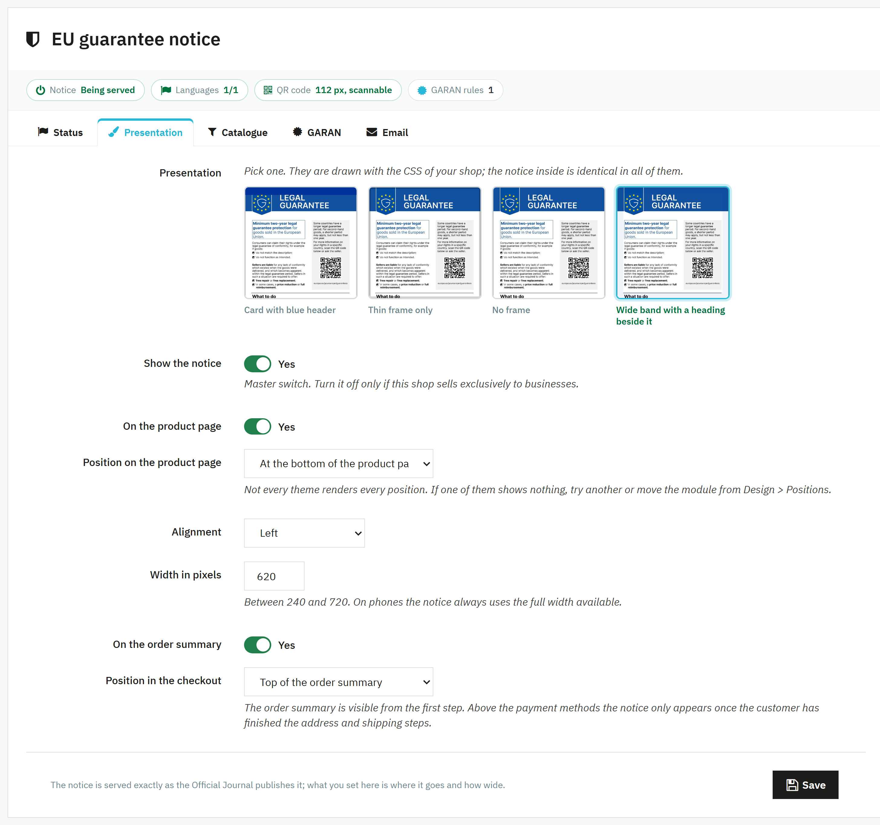 Presentation picker for the EU guarantee notice in PrestaShop with the four options