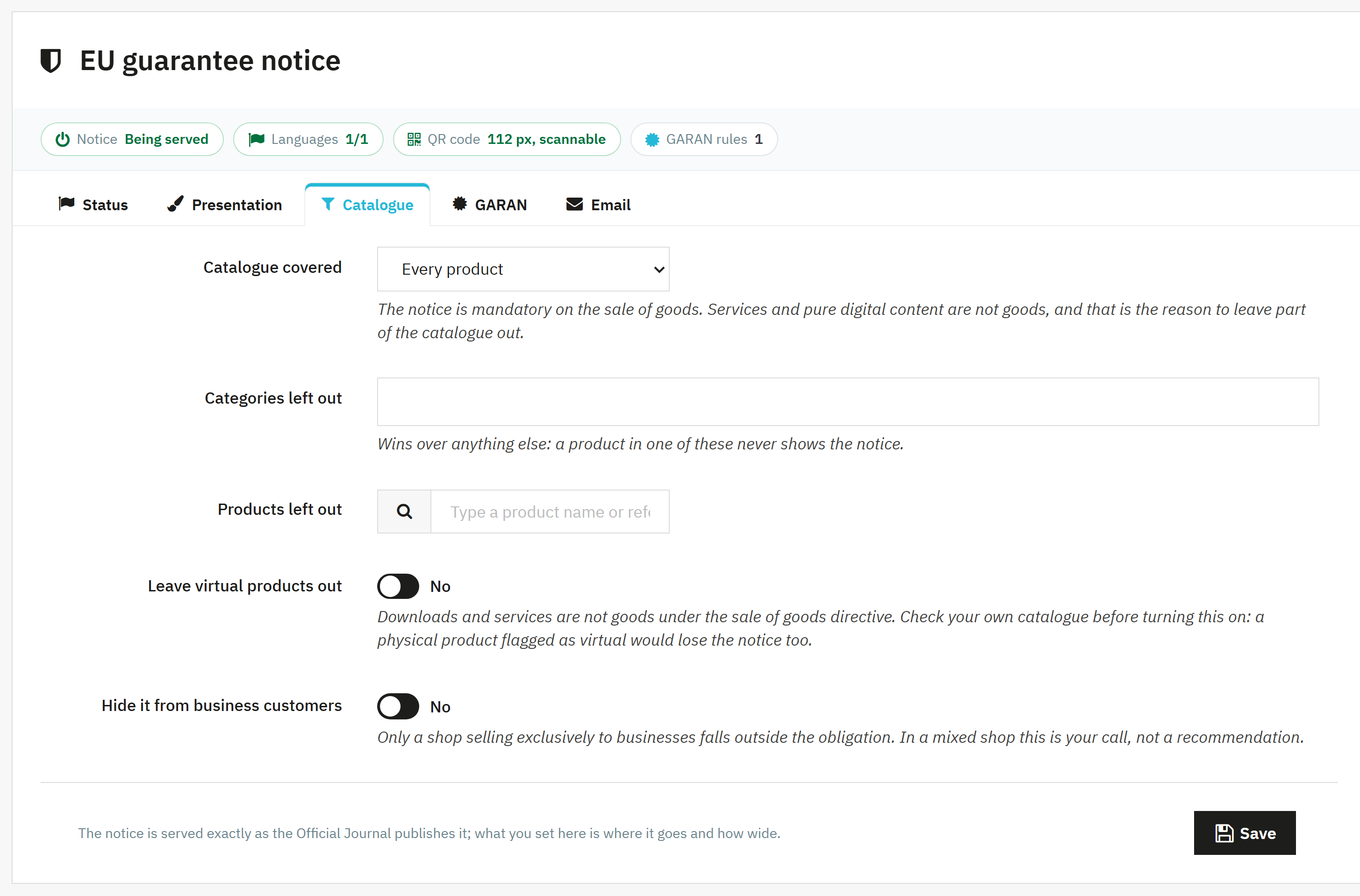 AJAX product search in the catalogue scope of the EU guarantee module for PrestaShop