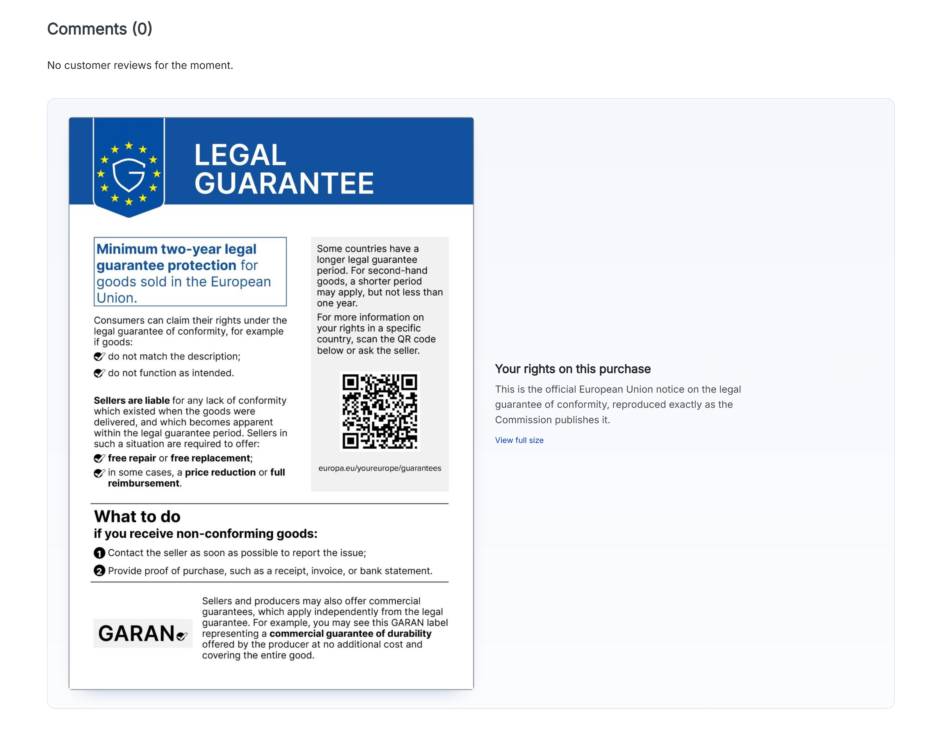 EU harmonised legal guarantee notice at the bottom of a PrestaShop product page