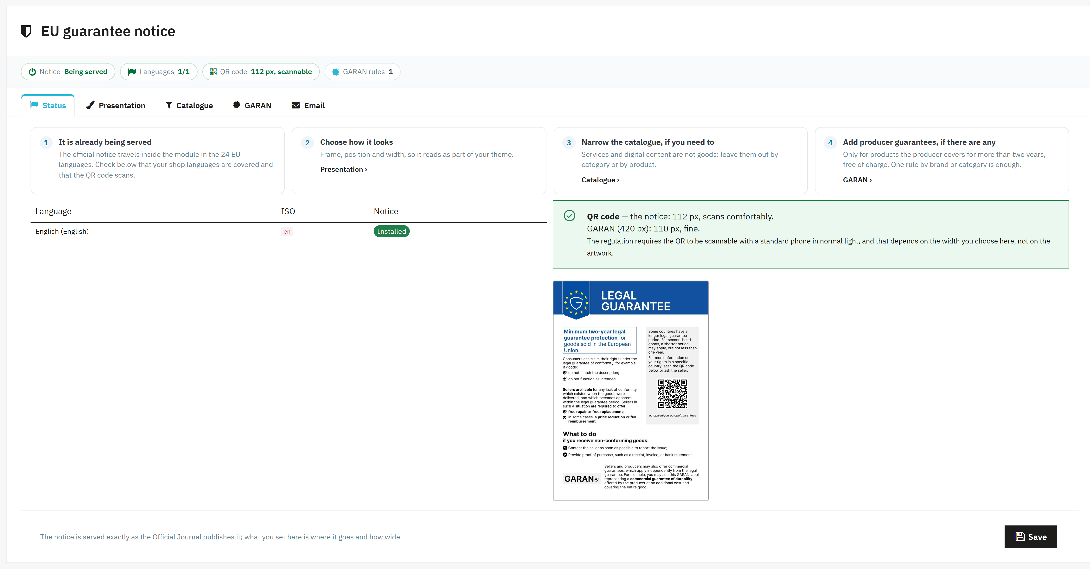 EU guarantee notice settings screen in PrestaShop with language coverage and the QR verdict