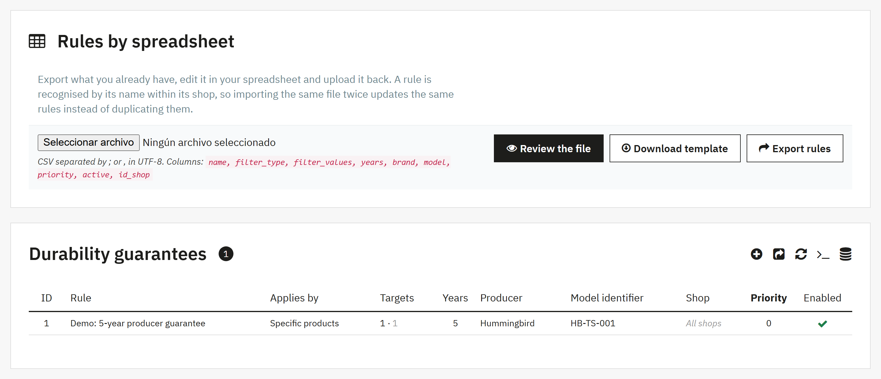 Durability guarantee rules list and CSV import in the EU guarantee module for PrestaShop