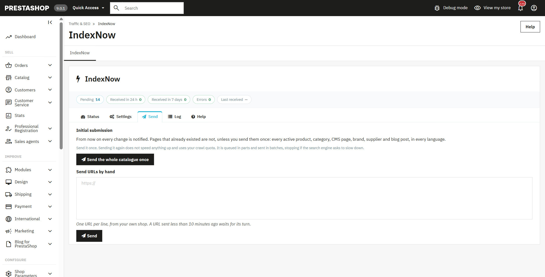 Invio iniziale e invio manuale di URL del modulo IndexNow nel back office di PrestaShop