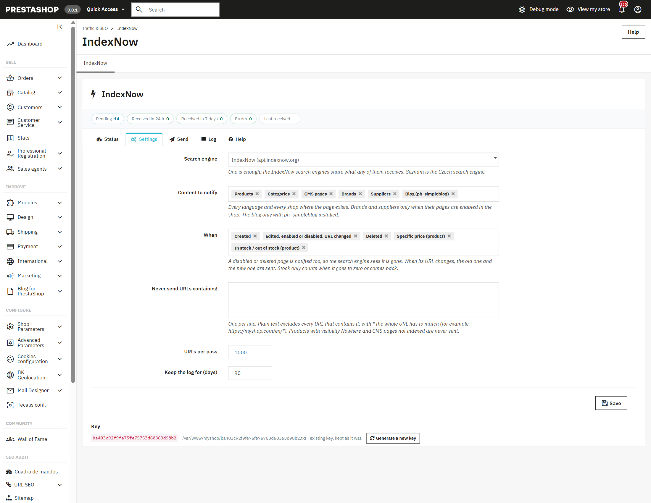 Configurazione del modulo IndexNow per PrestaShop: motore di ricerca, contenuti, eventi, esclusioni e chiave