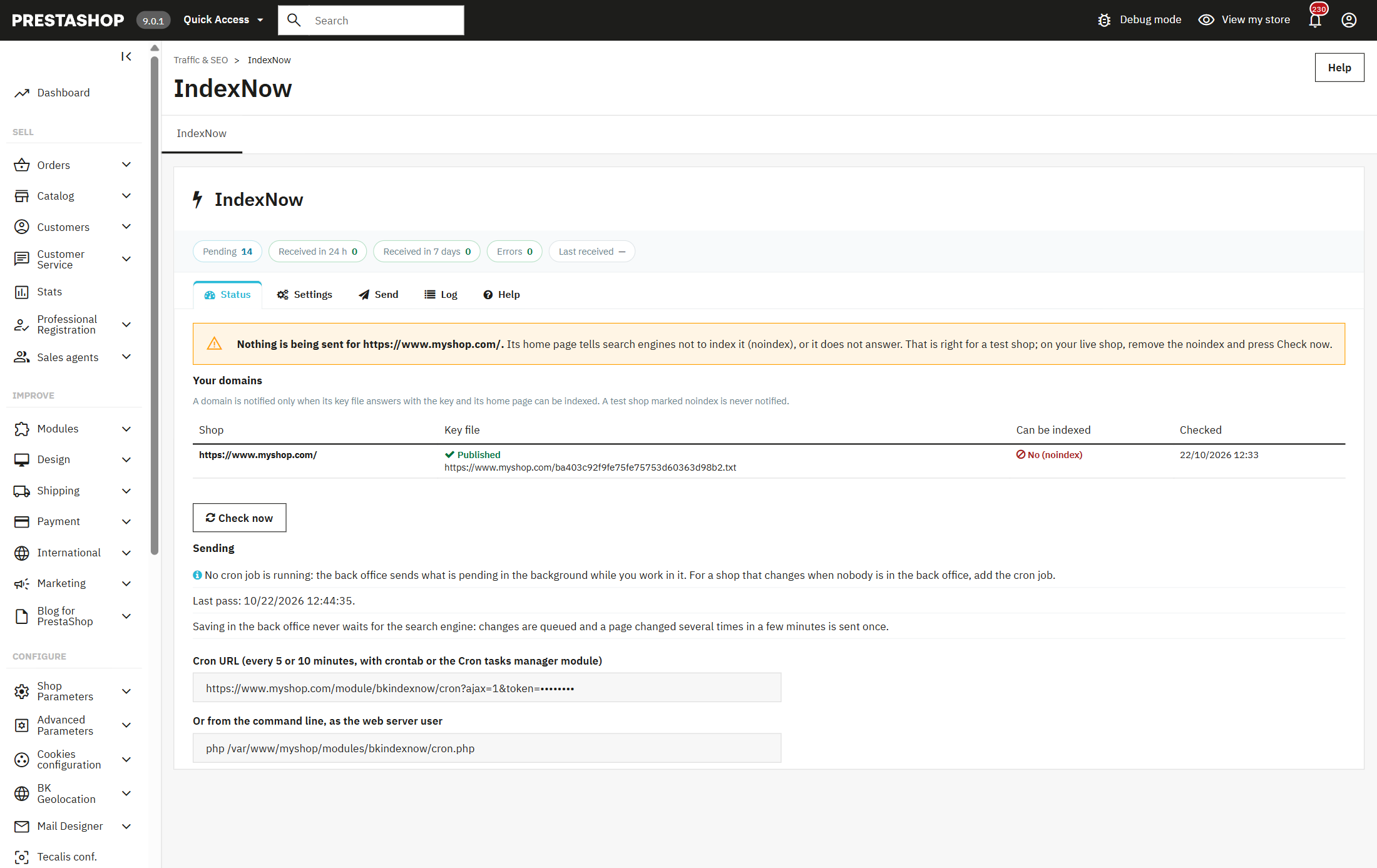 Stato della chiave IndexNow per dominio in PrestaShop: un negozio di prova in noindex non avvisa Bing