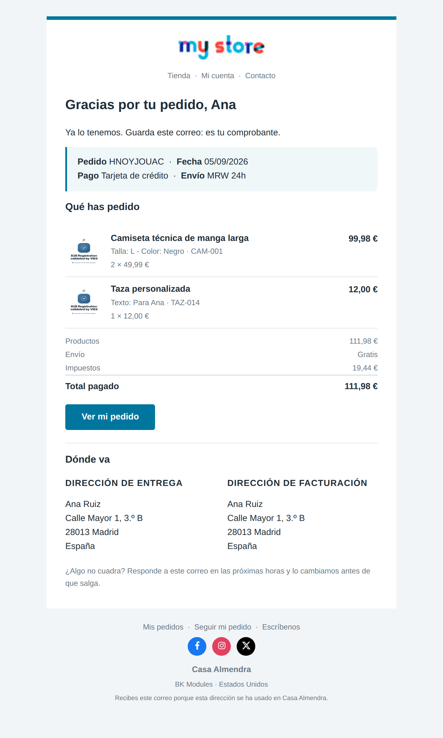 PrestaShop order confirmation email with a shop logo, own colours and a product table with photos