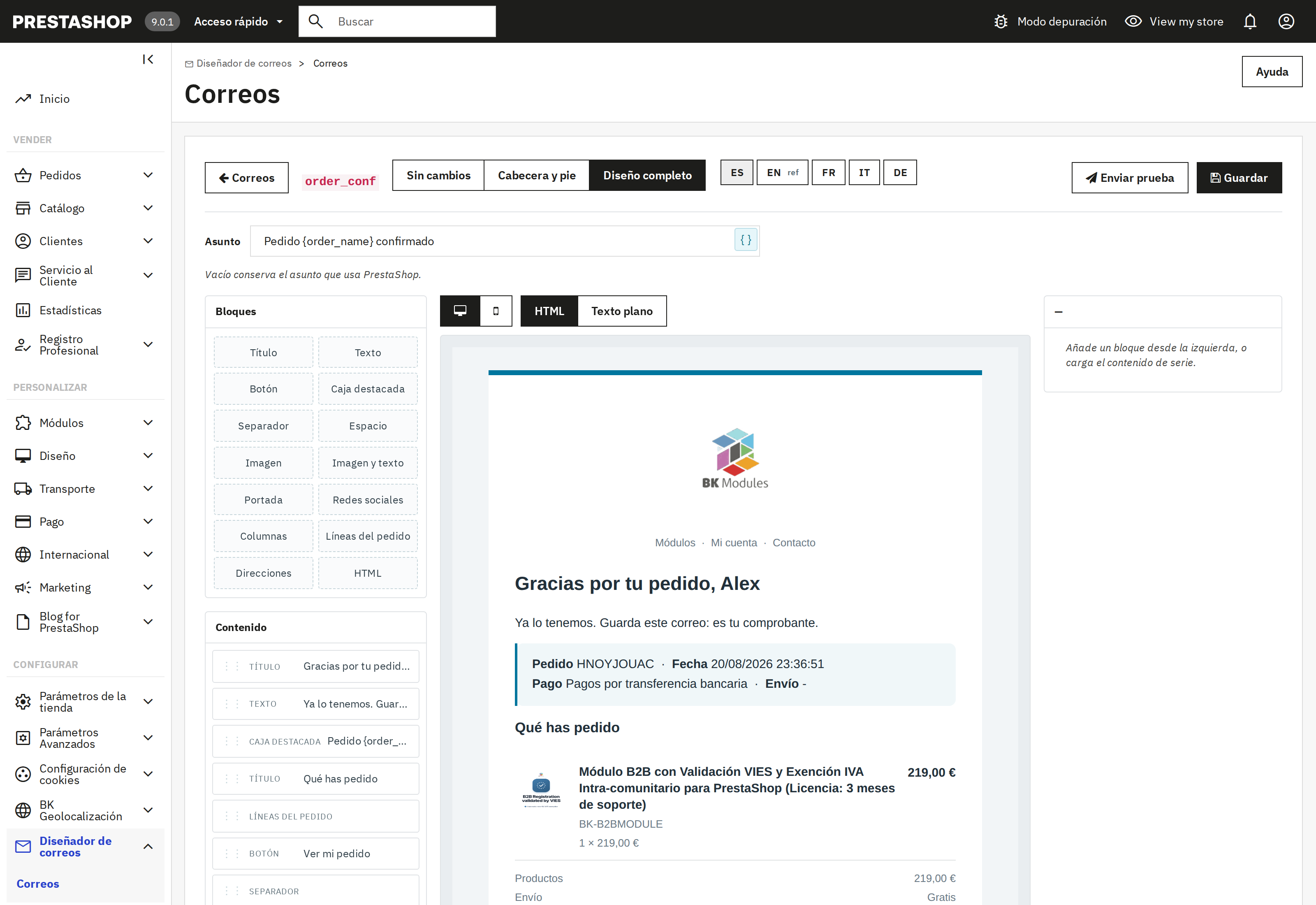 Editor de bloques del módulo con la vista previa del correo al lado