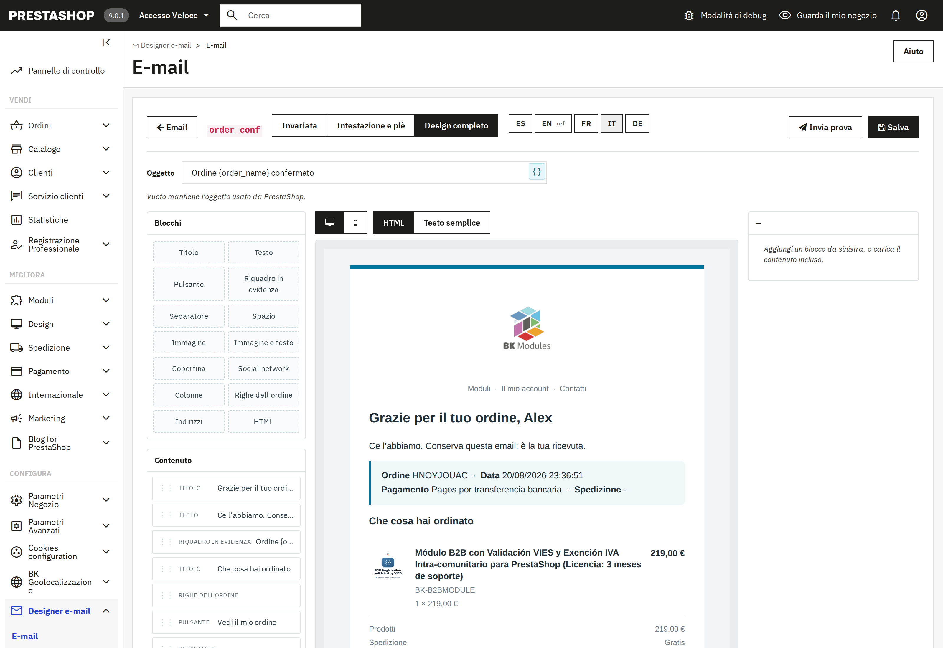 The block editor with the live preview of the email beside it