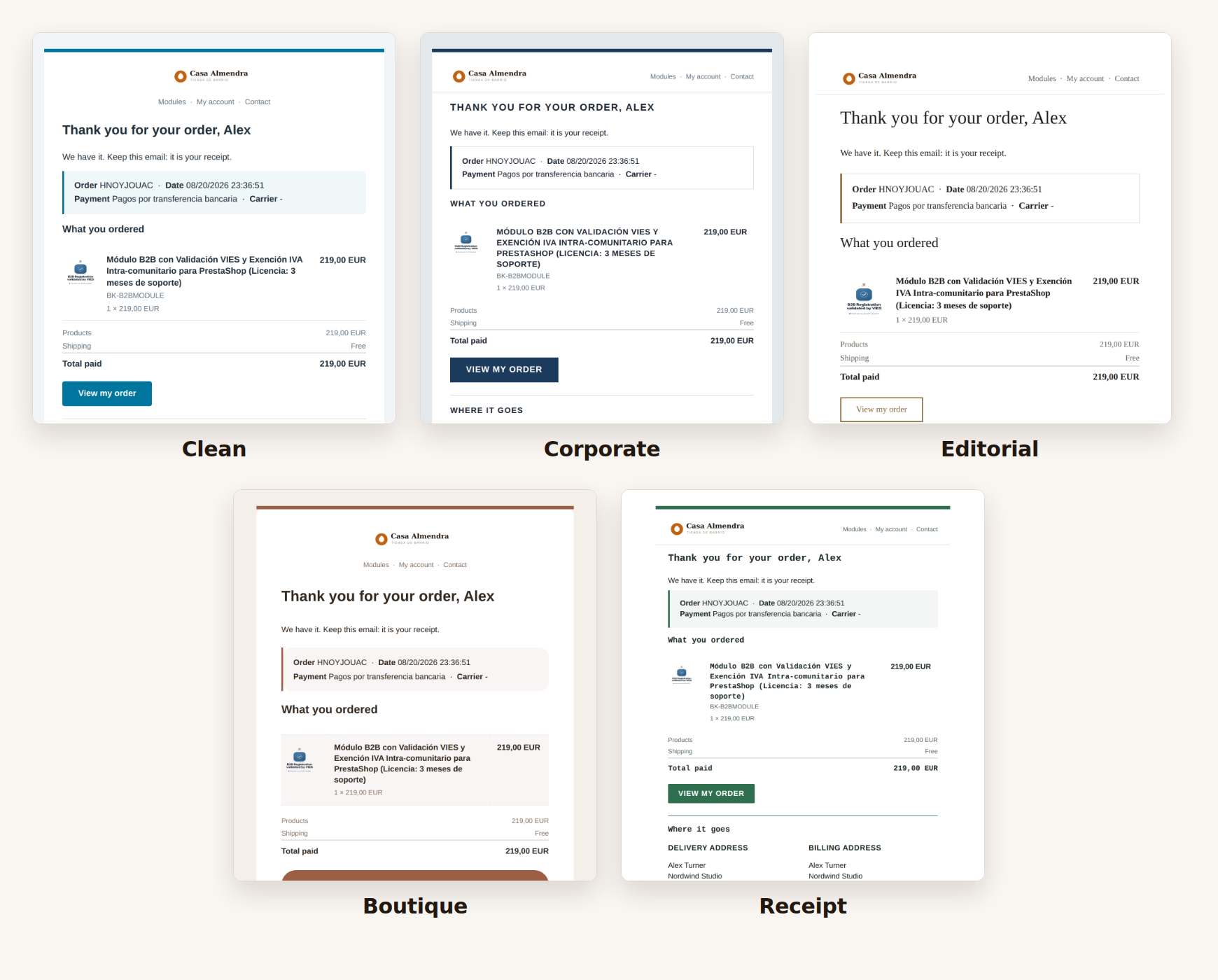 Five PrestaShop email designs showing the same order