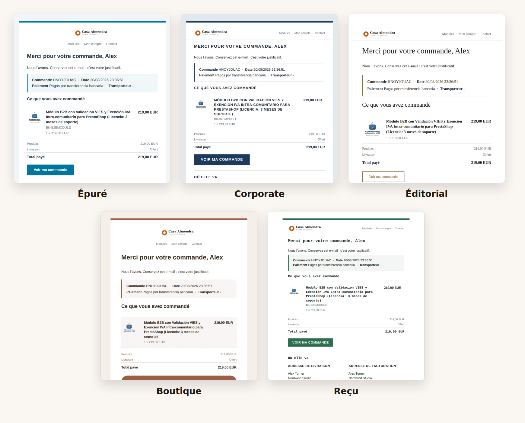 The five email designs, the same order rendered with each one