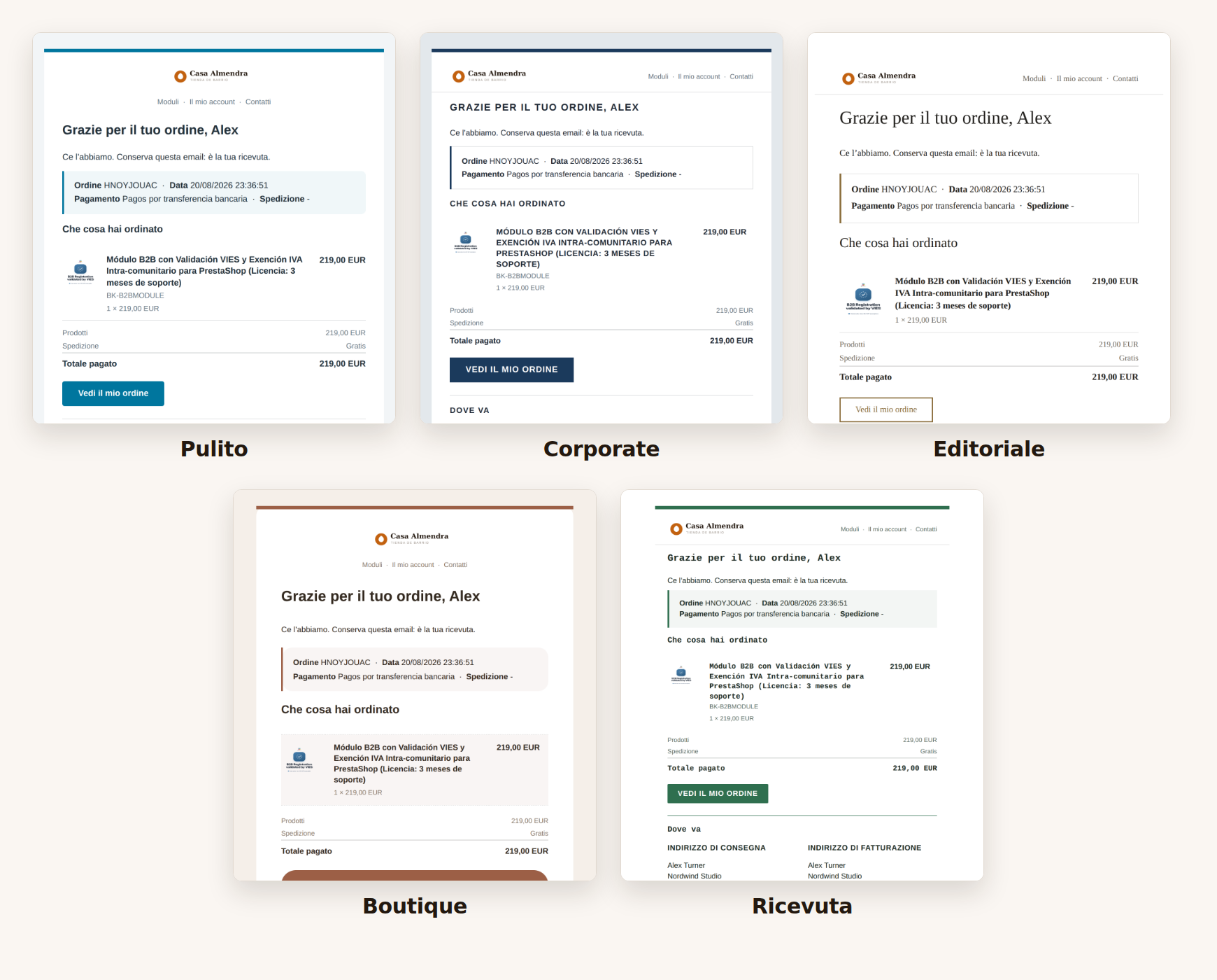 The five email designs, the same order rendered with each one