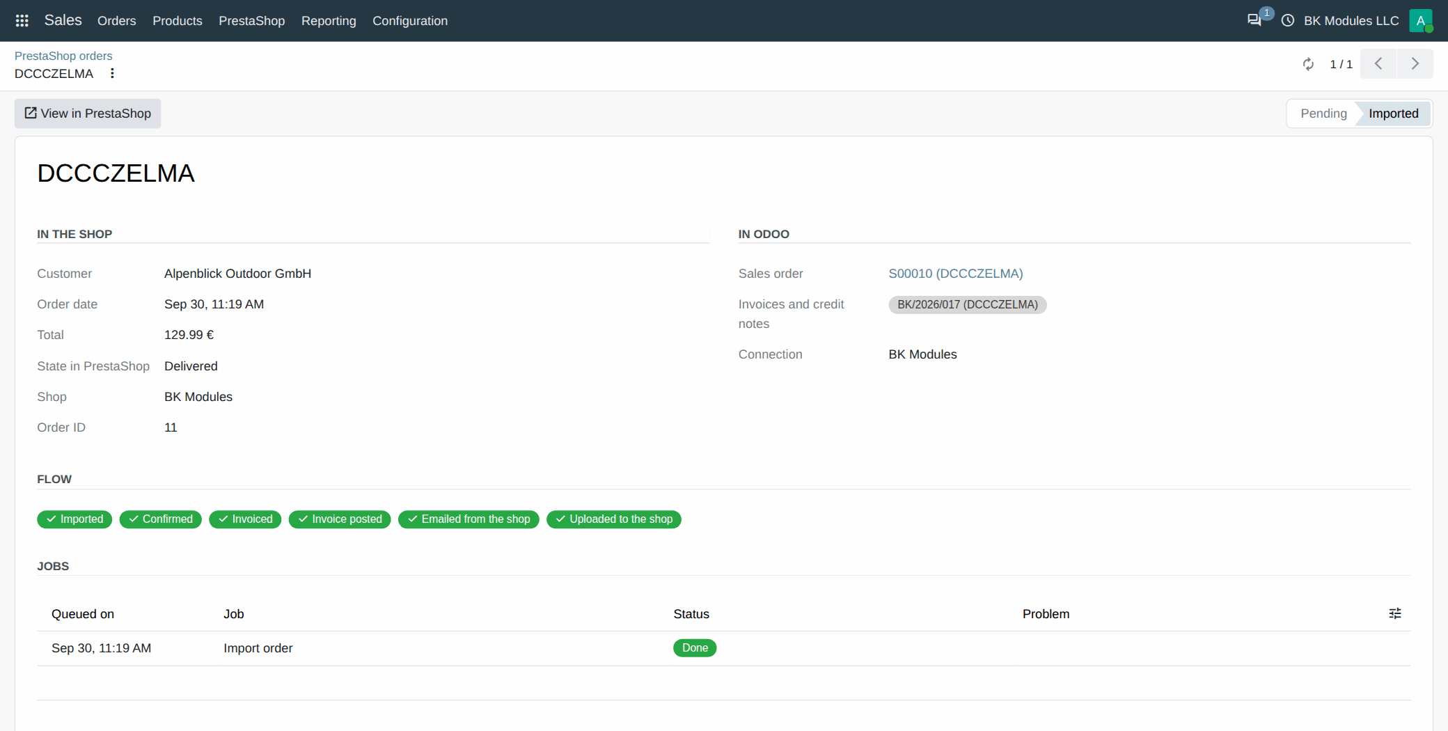PrestaShop order inside Odoo with every step done: imported, confirmed, invoiced and invoice sent to the shop