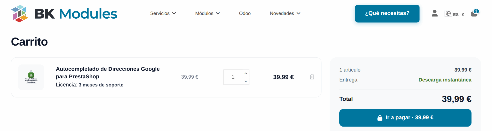 Cart of a PrestaShop shop with a module ready to pay