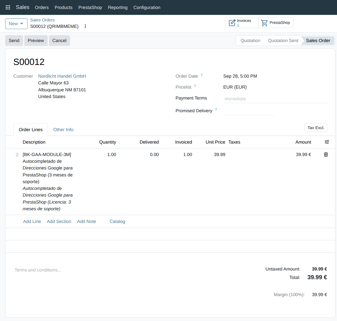 Sales order in Odoo created from the PrestaShop order, with its customer and lines