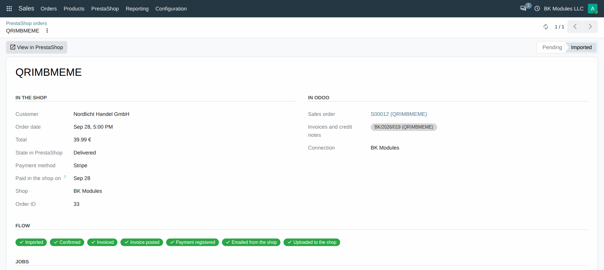 PrestaShop order in Odoo with every step done: imported, confirmed, invoiced, payment registered and invoice in the shop