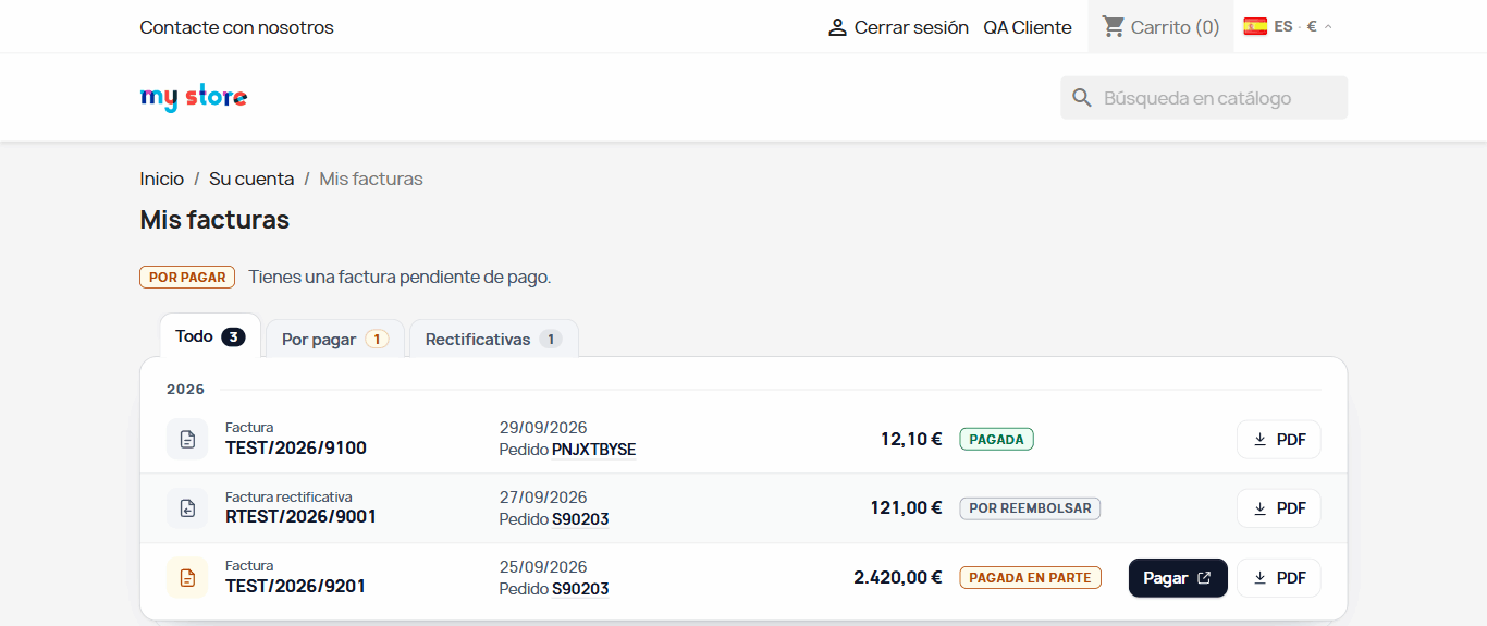 My invoices page of a PrestaShop shop with the customer's Odoo invoices
