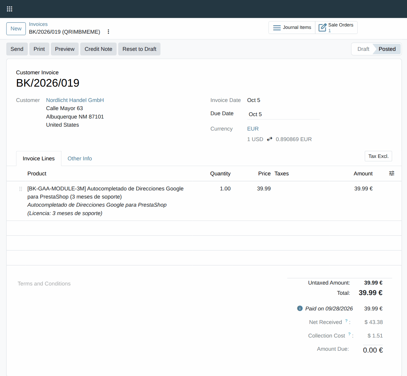 Odoo invoice paid with Stripe, with the amount charged, the net received and the fee