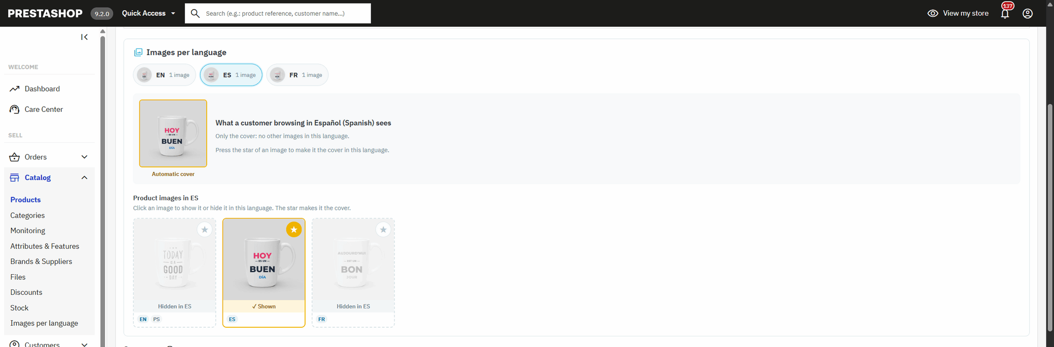 Images per language editor on the PrestaShop product page: one tab per language, chosen cover and shown or hidden images