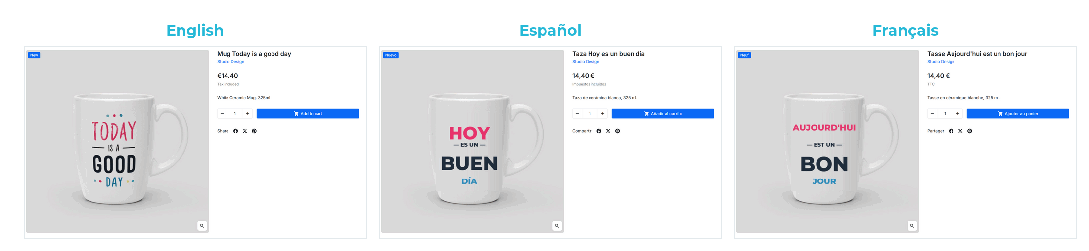 PrestaShop product images per language: the same product page shows a different cover in English, Spanish and French